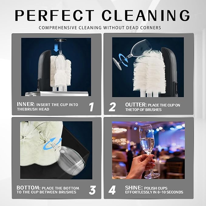 Commercial Glass Polisher Machine with 6 Microfiber Brushes, 330 Cups/Hour, 136℉ Warm Air Drying & LFGB Certified Heads, Stainless Steel Build for Wine Beer Glasses in Bar Restaurant Hotel