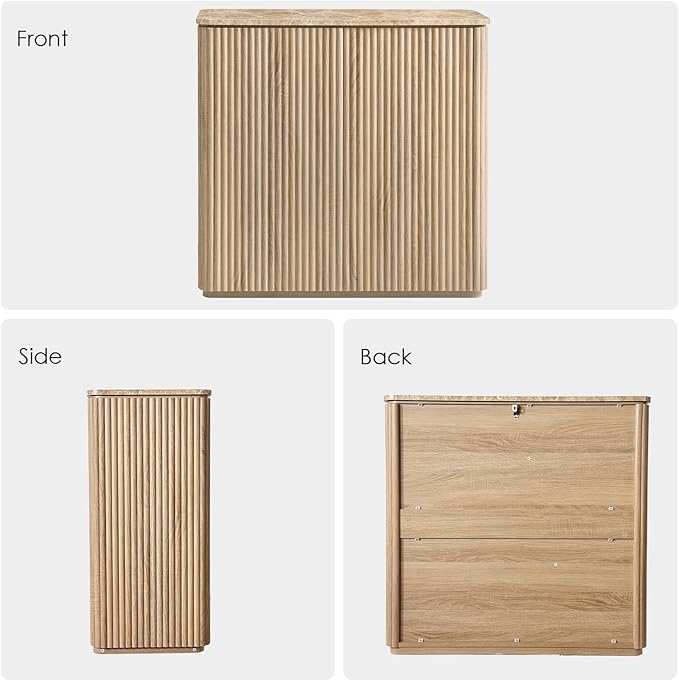 Fluted 2 Doors Sideboard Cabinet with Storage-Wooden Credenza w/Shelves, Faux Marble-Top Coffee Bar Console Table, Modern Buffet Cabinet for Dining, Kitchen, Living Room, Entryway, Natural Oak, 1pcs