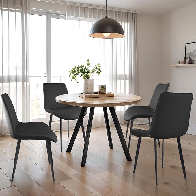 Dining Chairs, Modern PU Leather Dining Room Chair with Sturdy Metal Legs, Upholstered Seat Dinner Chairs Accent Side Chairs for Indoor Kitchen Living Room (Black, Set of 4)