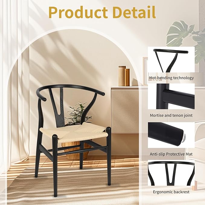 Wishbone Chair Natural Solid Wood Dining Chair/Hans Vegner Y Chair Rattan and Wood Accent Armrest Chairs Set of 2 (Ash Wood - Black + Natural Cord 2 Chairs)