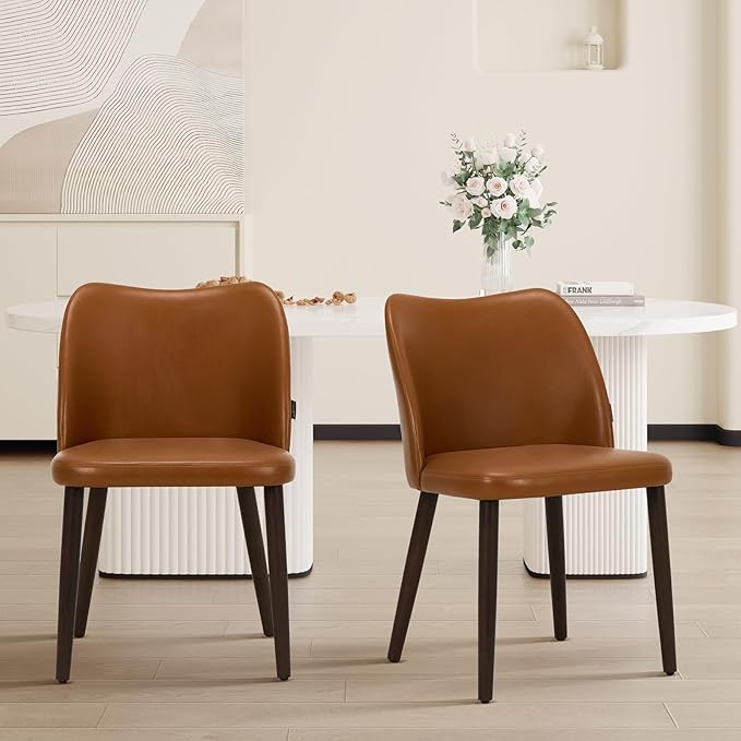 Wooden Dining Chairs Set of 2, Upholstered Kitchen Dining Room Chair, Modern Faux Leather Farmhouse Dinner Chair for Restaurant & Cafe, Light Brown
