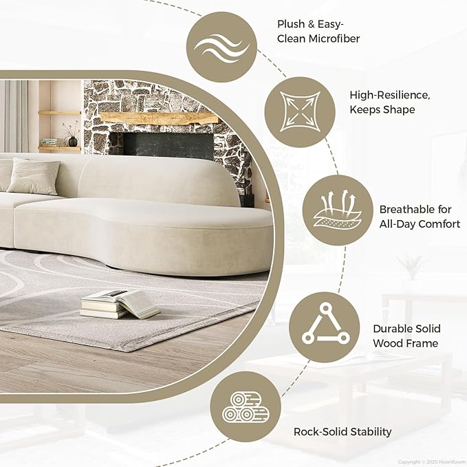 Luxury Curved Sofa Couch – Modern Upholstered Sectional Sofa, Designer L Shaped Couch with Plush Microfiber, High-Density Foam & Solid Wood Frame (Ivory Left-Facing, 94" L x 43" W x 30" H)