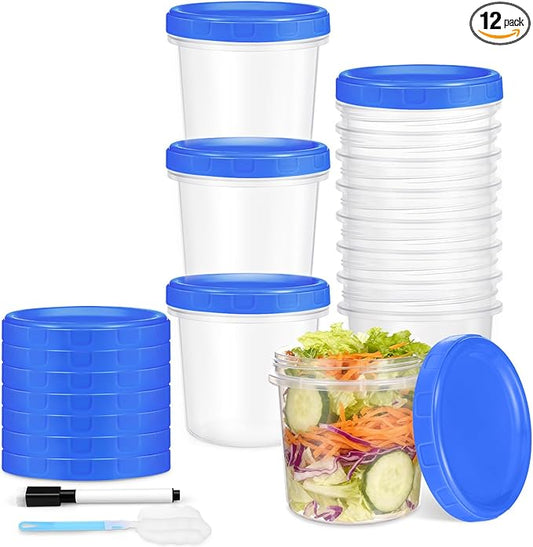 12 Pcs 16 oz Plastic Deli Containers with Screw Lids, Freezer Storage Containers Reusable 2 Cup Food Storage Container with Pen & Brush for Snack Salad Fruit, Microwave & Dishwasher Safe