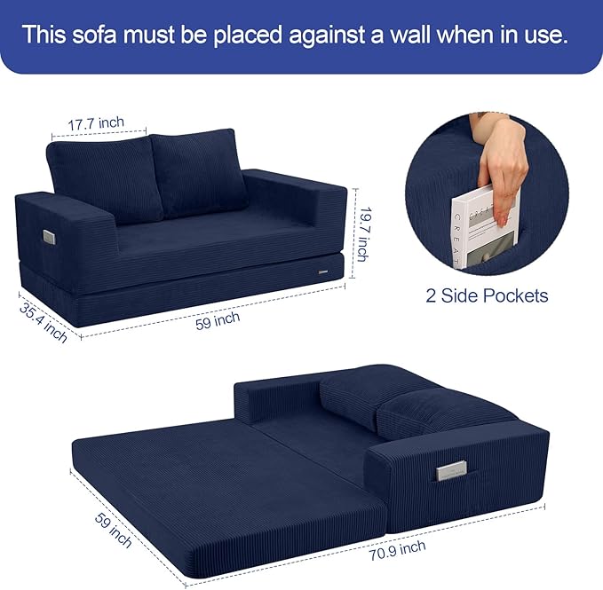 COMAX Convertible Sofa Bed Queen, Folding Fold Out Couch Bed, Floor Futon Couch Corduroy with Back Pillows, Boneless Sofa Comfy Lounge Sleeper Mattress Loveseat for Living Room Bedroom, Navy Blue
