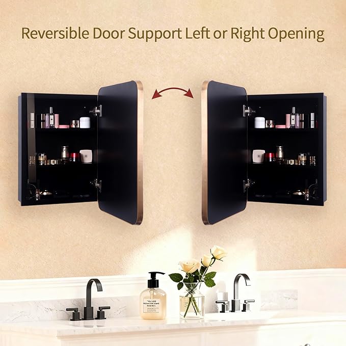 Bathroom Medicine Cabinet with Gold Metal Framed Mirror, Recessed or Wall Mount Bathroom Vanity with Storage Shelves 17.5x26 inch