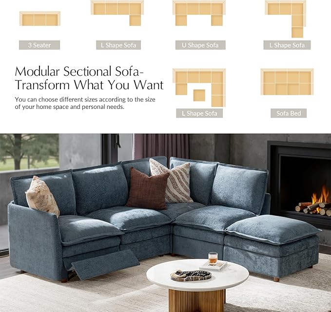 HULALA HOME 98'' Power Recliner Sofa with Dual-Layered Cushions, Oversized Modular Sectional Sofa L Shaped Couch with Storage Ottoman, 4 Seater Cloud Couch for Living Room, Blue