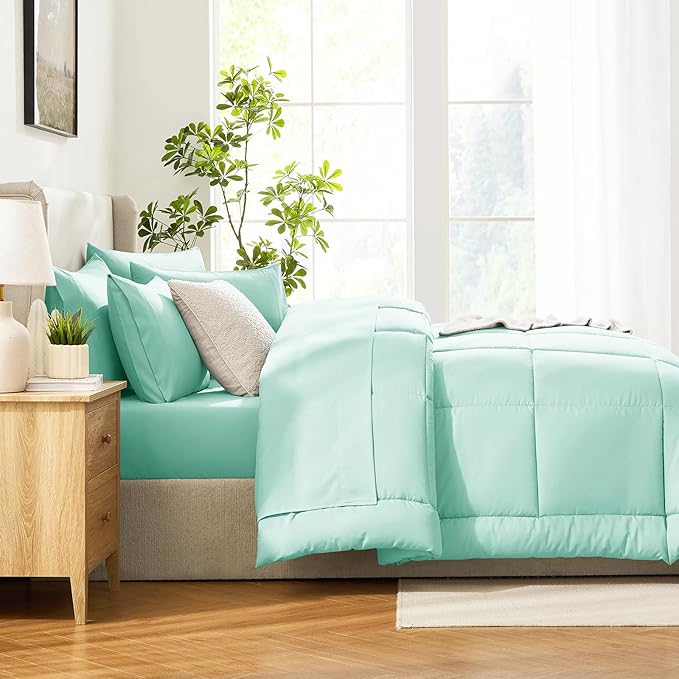 CozyLux King Size Comforter Set Mint Green, 7 Pieces Bed in a Bag, Green Comforter King Size, All Season Bedding Sets with Stitch Quilted Comforter, Flat Sheet, Fitted Sheet, Pillowcases