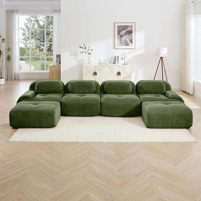 152" Modern Compressed Boneless Couch with Ottoman, 4 Seater Large U Shaped Sectional Couches for Living Room, Green Corduroy Cloud Modular Sectional Sofa, Memory Foam, Extra Deep, No Assembly