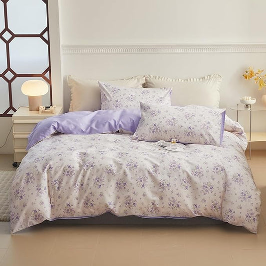 Purple Flower Duvet Cover Twin Soft Cotton Girls Floral Duvet Cover Garden Style Lavender Comforter Cover Vintage Purple Floral Bedding Set Aesthetic Botanical Comforter Cover with 2 Pillowcases