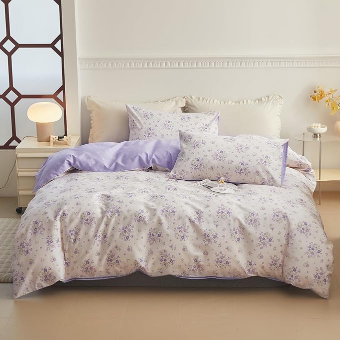 Purple Floral Duvet Cover King Garden Style Purple Flower Comforter Cover 100% Cotton Floral Bedding Set 1 Duvet Cover with 2 Pillowcases Vintage Botanical Aesthetic Comforter Cover with Zipper Ties