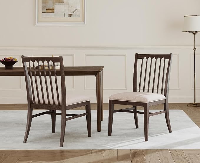 chairus Upholstered Dining Chairs Set of 6, Walnut Wooden Barrel Kitchen Chairs with Slat Back Double-Layer Cushion Farmhouse Accent Chairs for Dining Room/Living Room/Restaurant, Linen Beige