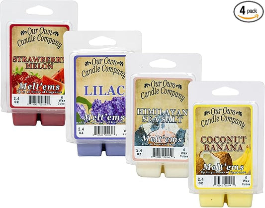 Our Own Candle Company Premium Wax Melt, Coconut Banana, Himalayan Sea Salt, Lilac, and Strawberry Melon, Spring Variety Pack, 6 Cubes, 2.4 oz (4 Pack)