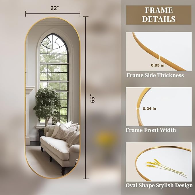 Oval Full Length Mirror, 65"×22" Wall-Mounted Floor Mirror with Metal Frame, Ultra-Clear Explosion-Proof Dressing Mirror, Simple and Classic Deco for Cloakroom/Bedroom/Living Room, Gold