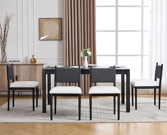 CIMOTA Black Dining Chairs Set of 6, Mid Century Modern Upholstered Dining Room Chairs with Woven Back, Armless Kitchen Chairs with Solid Wood Legs,Linen Beige