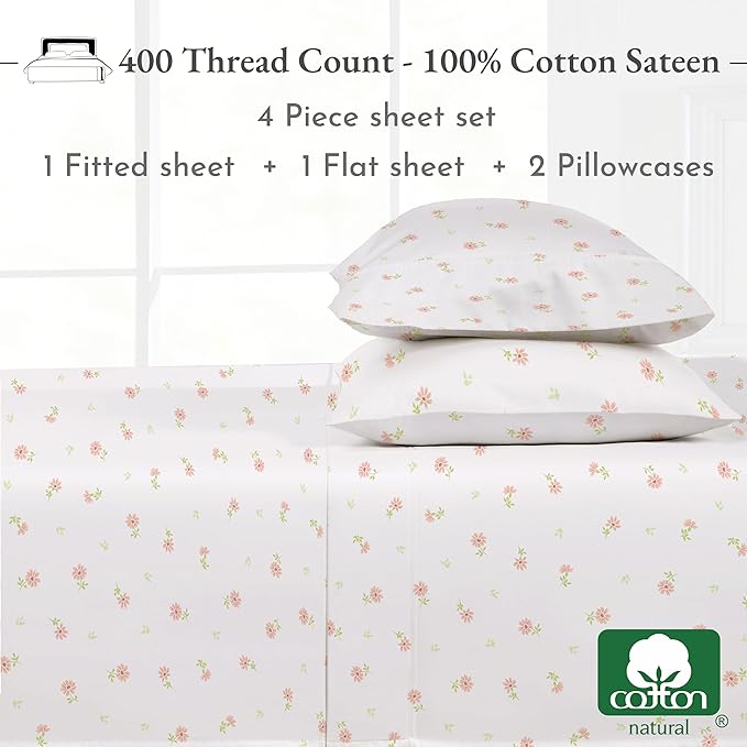 California Design Den Queen Sheet Set - 400 Thread Count Sateen, Natural 100% Cotton Sheets, Deep Pocket Cooling and Durable Bedding - Soft Floral
