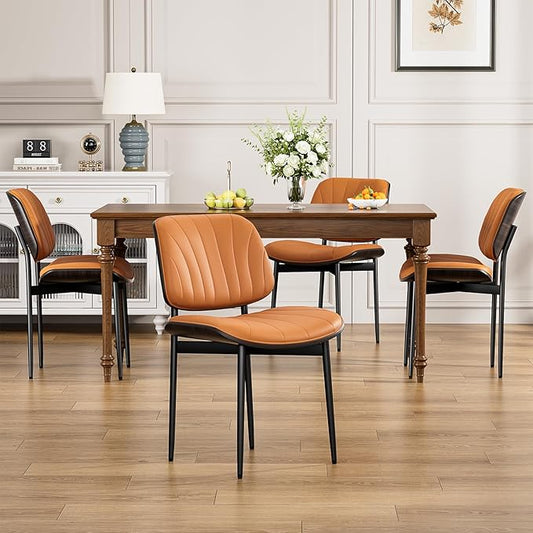 Dining Chairs Set of 4, Mid Century Modern Dining Room and Kitchen Chairs, Upholstered PU Leather Chairs with Walnut Bentwood and Metal Legs, Orange