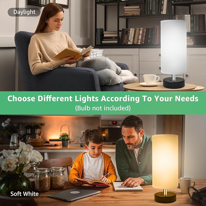 Small Lamp for Bedroom, Bedside Lamps for Night Stands, Mini Minimalist Table Lamp with Round Gray Fabric Shade, 11.4 Inch Desk Reading Lamp for Dorm Room Living Room Office Room, 2 Pack