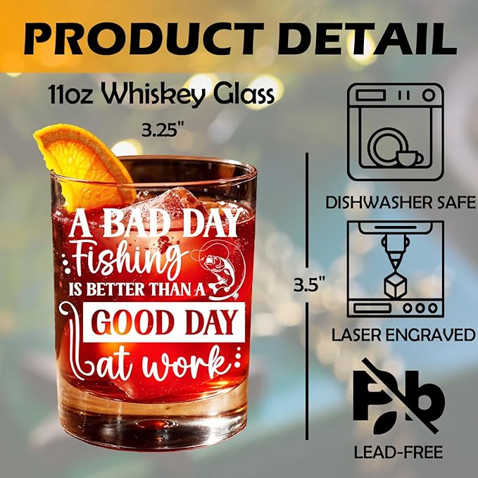 Fish Lovers Gifts Old Fashioned Whiskey Glasses, Fishing Gifts for Fisherman, Funny Fishing Gift 10 oz Rocks Barware Cup for Cocktail Drinks Scotch Bourbon Liquor
