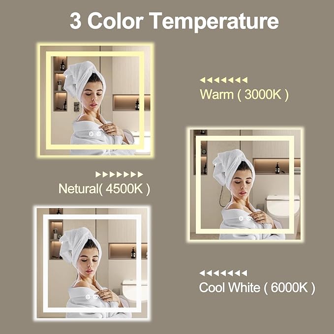 32 X 32 Inch Square LED Bathroom Vanity Mirror, 3 Colors Light Dimmable, Wall Mounted Memory Lighted Makeup Mirror with Anti-Fog Touch Switch (Front-lit&Backlit)