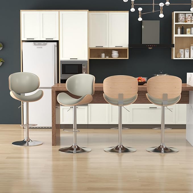 KCC Bar Stools Set of 4, Swivel Adjustable Height Barstools, PU Leather Upholstered Bar Chairs with Footrest, Bentwood Bar Stool for Kitchen, Bar, Dining Room(Grey PU)