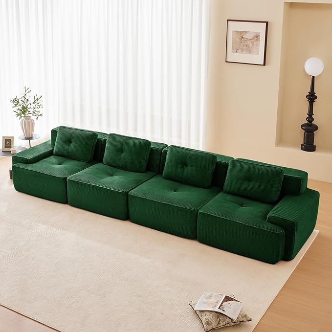 150" Modern Corduroy Cloud Sofa, Boneless Modular Large Sectional Couches for Living Room, Green 4 Seater Compressed Memory Foam Couch, Extra Deep Seat, No Assembly