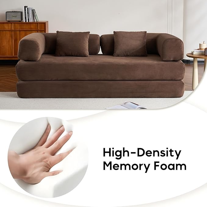 Convertible Folding Couch Bed, Comfy Corduroy Sleeper Floor Sofa Bed with Fixed-Shape Frame, Floor Sofa with Armrest, Lounge Couch for Living Room Bedroom Lounge Studio, Dark Brown