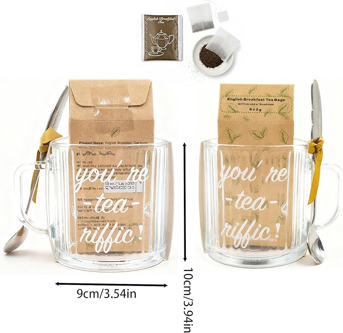 Large Ribbed Glass Coffee Mugs You're Tea Riffic Funy Clear Insulated Glass Cup with Handle & Spoon, 16 OZ Transparent Ribbed Tea Cup with English Breakfast Tea Set as Gift for Women
