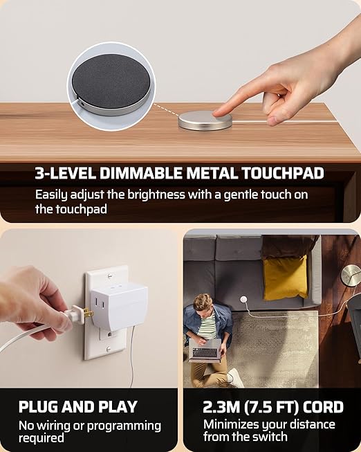 DEWENWILS 2 Pack Touch Dimmer Switch, Touch Pad Control with 3 Levels of Dimming, Dimmable LED/CFL Lights, and Incandescent Bulbs, Extension Cord, ETL Listed, White