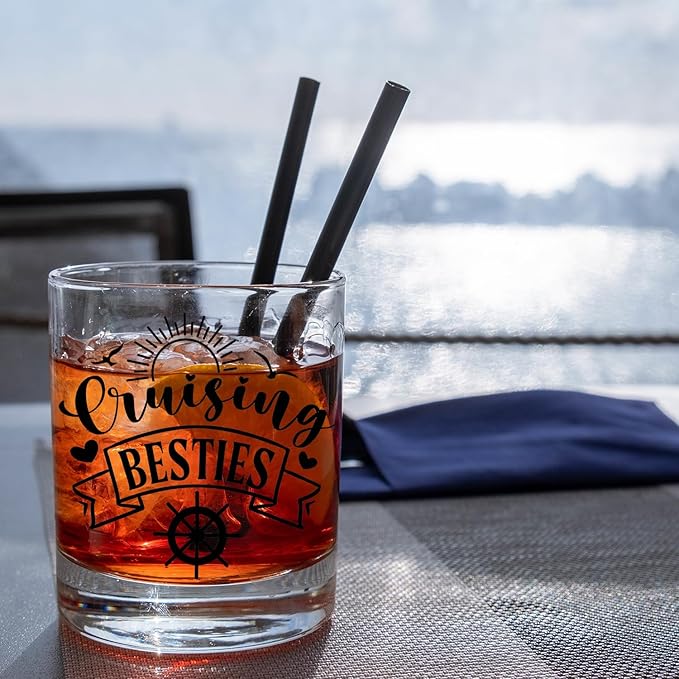 Cruise Lovers Gifts Old Fashioned Whiskey Glasses, Cruising Gifts for BFF Bestie, Cruising Besties 10 oz Rocks Barware Cup for Cocktail Drinks Scotch Bourbon Liquor