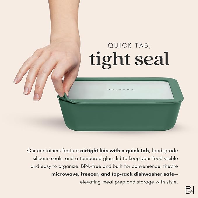 Ceramic Coated Glass Food Storage Container | No PTFE, PFOA, PFAS, and BPA | Reusable Non Toxic Meal Prep Container with Glass Lid | Easy To Store | 3 Cup Rectangle [Pine]