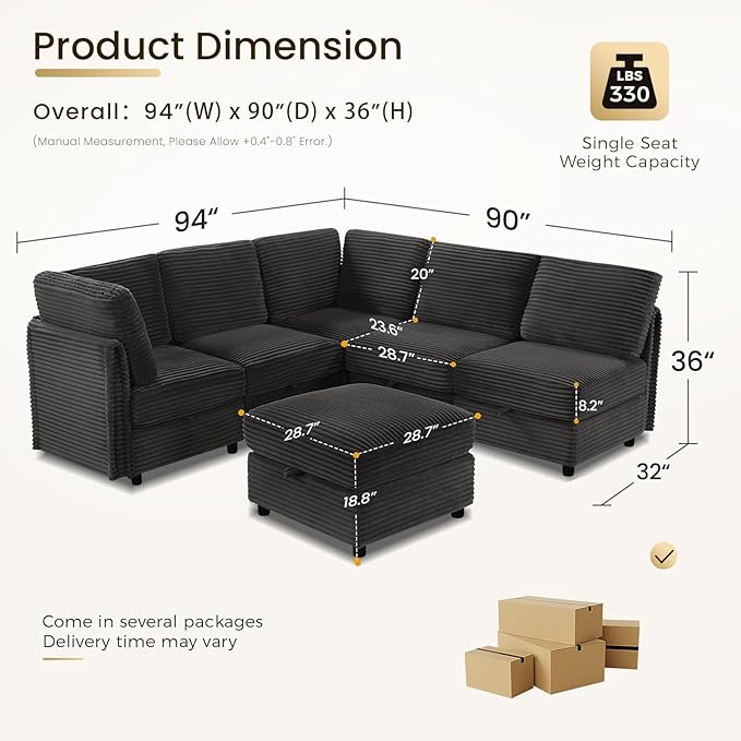 KKL Modular Sectional Sofa V-Shaped 6 Seater Couch with Storage Ottoman, Convertible L/J-Shaped Couch and Sofa Bed Plush Wide-Wale Corduroy for Living Room, Apartment, Modern Design, Black