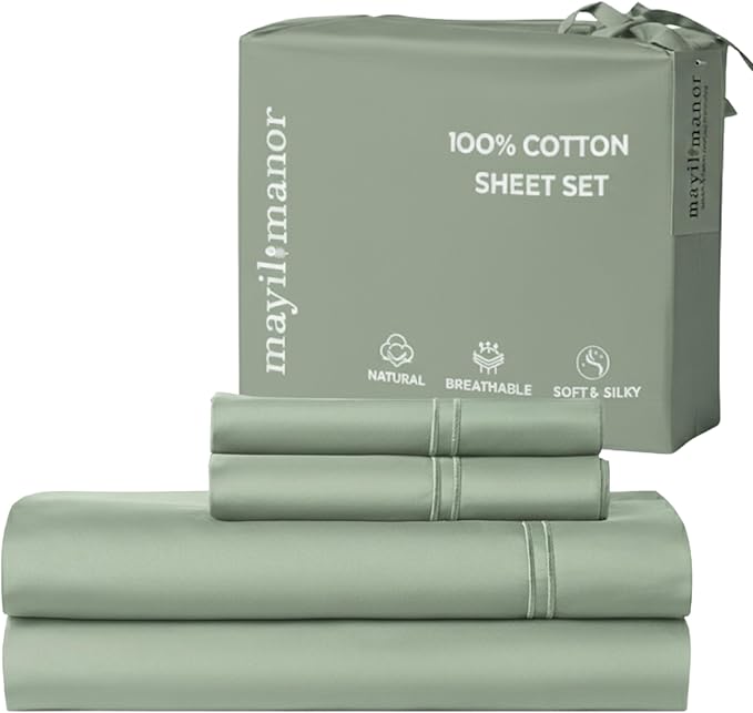 100% Natural Cotton Bed Sheets | 500 TC Single-Ply Sateen Weave Cal King Sheet Set | Breathable & Hypoallergenic Solid 4-Piece Bedding with Deep Pocket Fitted, Flat, Pillowcase | Sage