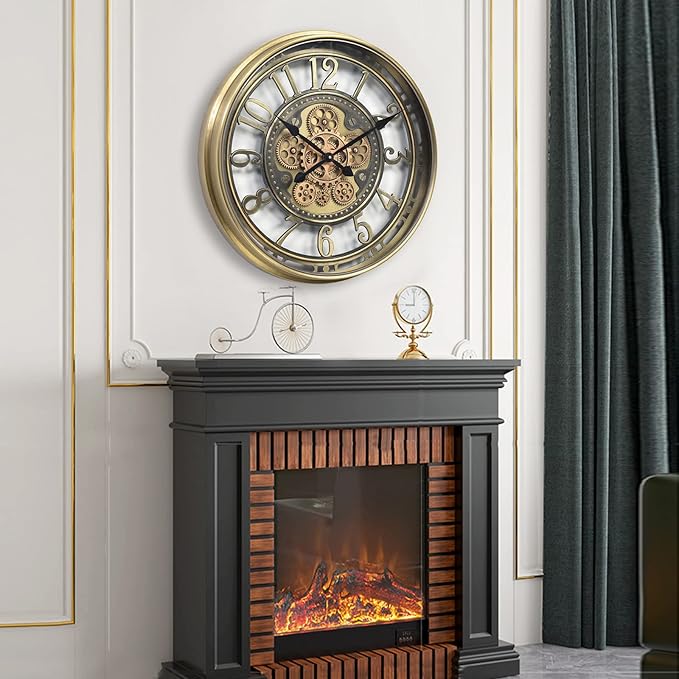 INFINITY TIME 21 Inch Moving Gears Wall Clock,Large Modern Decorative Wall Clocks for Living Room Decor,Brass Gold Roman Numeral