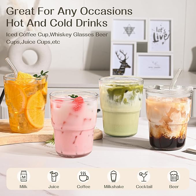 AUFXKOO13oz Glass Tumbler with Straw and Lid，2 Pack Iced Coffee Cups with lids Reusable,Glass to go Coffee Cup,Glass Cups with Lids for Drinking Matcha, Coffee, and Juice.