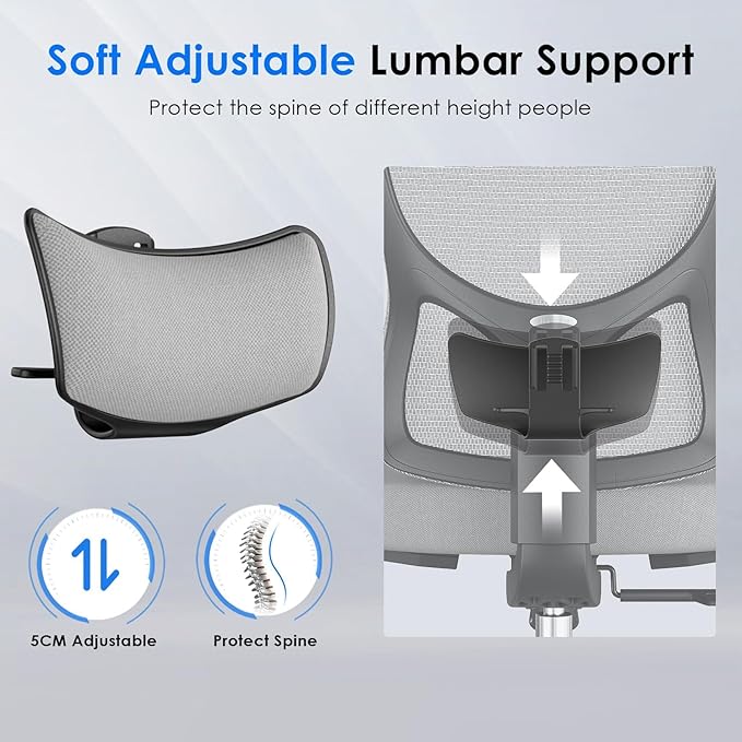 Soohow Ergonomic Office Chair,High Back Desk Chair with Adjustable Lumbar Support and Headrest,Comfy Computer Chair with 3D Armrest Recling Swivel Chair for Home, Office, Study Room, Black & Grey