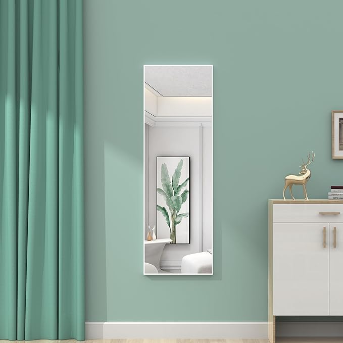 ANYHI Over The Door Mirror, 42"x14" Full Length Mirror for Wall Mirror, 2 Hooks, Aluminum Frame, for Bedromm Bathroom, White