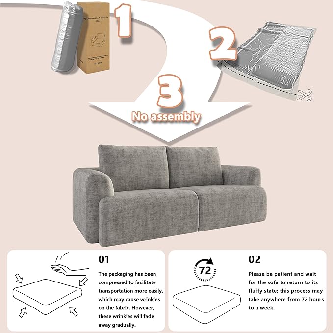 EASE MOOSE Boneless Couch for Living Room, Sectional Cloud Sofa, Modular Cloud Couch Loveseat, 2-Seater Deep Seat Sofas with Pillow for Bedroom, Apartment, No Assembly Required, Chenille (Light Grey)