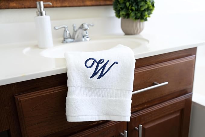 White Monogrammed Hand Towels for Bathroom - Luxury Hotel Quality Personalized Initial Embroidered Towel for Powder Room, Spa - GOTS Organic Certified - Set of 2 Navy Letter W