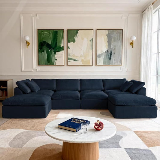 Cloud Modular Sectional Sofa Couch,141” U-Shape Sofa with Wide Armrest, Modern High-Density Sponge Compressed Couch for Living Room, Bedroom,No Assembly Needed (Blue, 4 Seats+ 2 Ottoman)