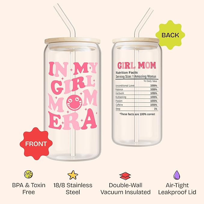 KLUBI New Girl Mom Gifts - In My Girl Mom Era Cup Glass 16oz Birthday, Christmas, Expecting Soon To Be Mum Mama Baby Shower Gifts, Pregnancy, Mothers Day