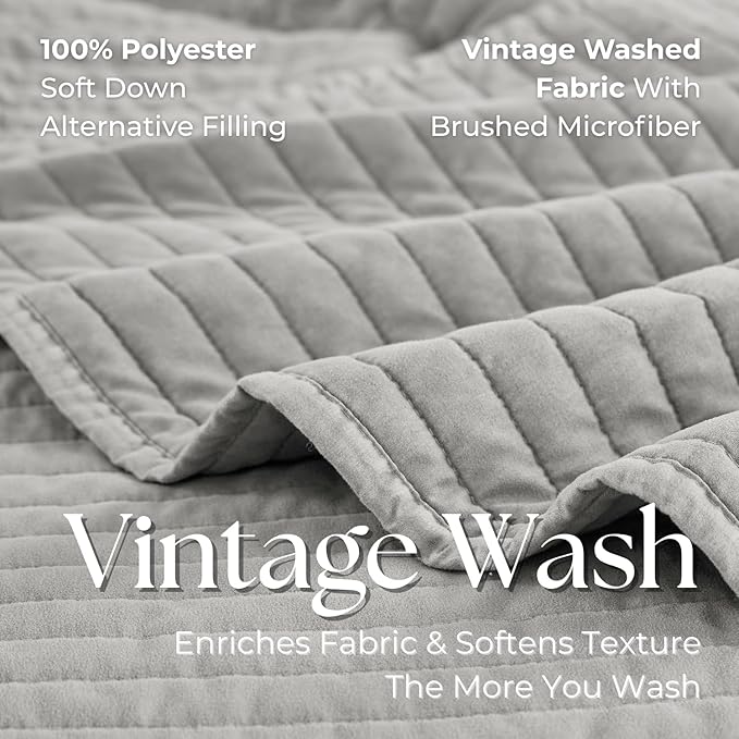 DOWN HOME King Quilt Bedding Set with Shams, Vintage Washed Soft Quilted Blanket Thin Comforter Lightweight Bedspread Coverlet Bed Cover, Brushed Microfiber Stripe Stitching, Light Gray, 104"x90"