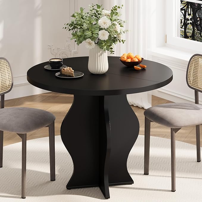 31.5 Inch Small Round Dining Table for 2, Modern Farmhouse Wood Kitchen Table, Rustic Black Circle Dining Room Table with Pedestal Base for Kitchen and Dining Room Furniture