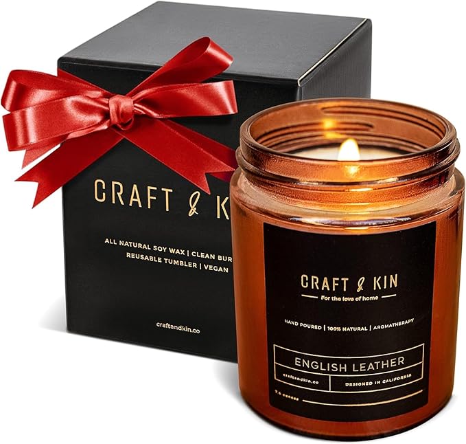 Craft & Kin Christmas Scented Candle for Men | Premium English Leather Holiday Candle | All-Natural Scent for Home | Long Lasting Winter Candles, 45-Hour Burn Time, 8oz