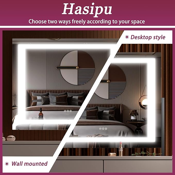 Hasipu Vanity Mirror with Lights, 24.2" x 19.7" LED Makeup Mirror, Light up Mirror with 10X Magnification and USB, Phone Holder, Smart Touch 3 Colors Dimmable, 360° Rotation (Right Angle Black)