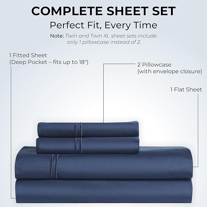 100% Natural Cotton Bed Sheets | 500 TC Single-Ply Sateen Weave Cal King Sheet Set | Breathable & Hypoallergenic Solid 4-Piece Bedding with Deep Pocket Fitted, Flat, Pillowcase | Navy Blue