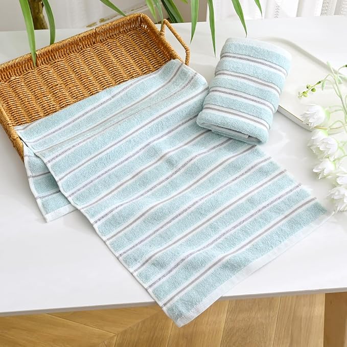 YiLUOMO Green Ribbed Striped Hand Towel Set of 2 Soft and Absorbent Cotton Bathroom Hand Towel Spring Decorative 13 x 29 Inch