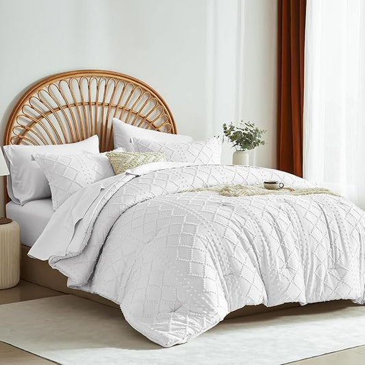 White Tufted Comforter Set King Size 7 Piece Bed in a Bag,Shabby Chic Boho Comforter and Sheet Set,All Season Soft Microfiber Complete Bedding Set(White,102"x90")
