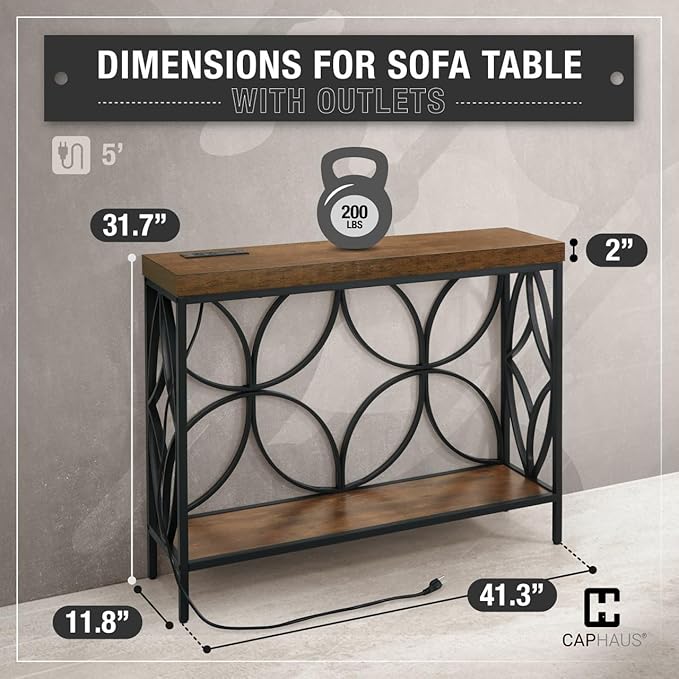 CAPHAUS 41” 2-Tier Industrial Sofa Console Thick Table w/Storage & Charging Station, Entrance Tableau w/ 2 Outlets, USB & Type-C Ports for Entryway, Living Room, Hallway, Foyer, Rustic, Butterfly