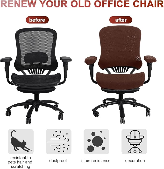 Tallew 4 Pcs Office Chair Covers Set Computer Universal Protective Stretchable Chair Seat Covers Desk Armrest Slipcovers Pads Office Cushion Backrest for Rotating (XL,Dark Brown)