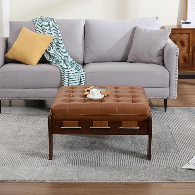 Kmax Coffee Table, 30 Inch Leather Ottoman Coffee Table Square Upholstered Dark Wood Center Table Tufted Tea Table, Oversized Footrest Stool for Living Room - PU, Brown
